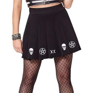 Body Rage Black Pleated Mini Skirt Gothic Occult Symbols Pentagram Skulls M